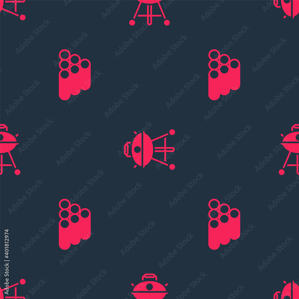 Set Wooden logs and Barbecue grill on seamless pattern. Vector.