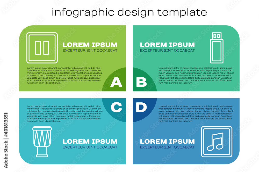 Set line Drum, Pause button, Music note, tone and USB flash drive. Business infographic template. Ve