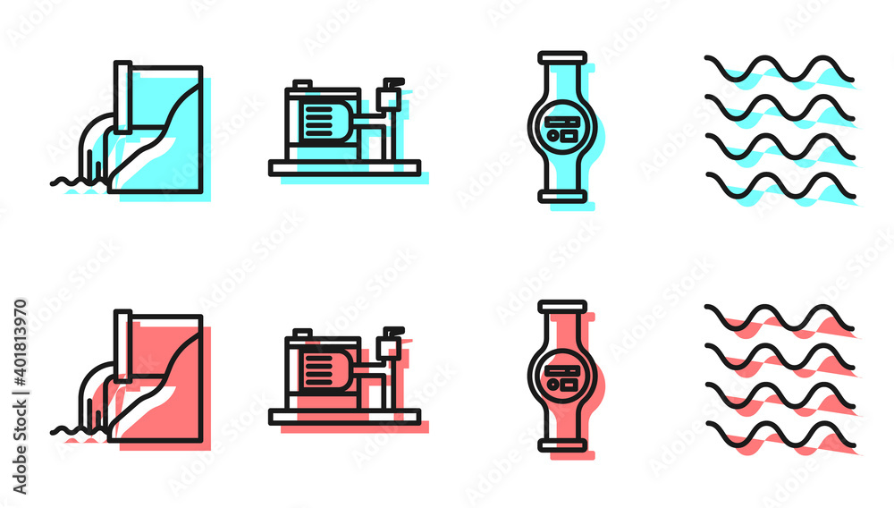 设置线水表、废水、电动水泵和波形图标。矢量。