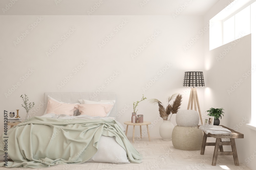 White bedroom interior. Scandinavian design. 3D illustration