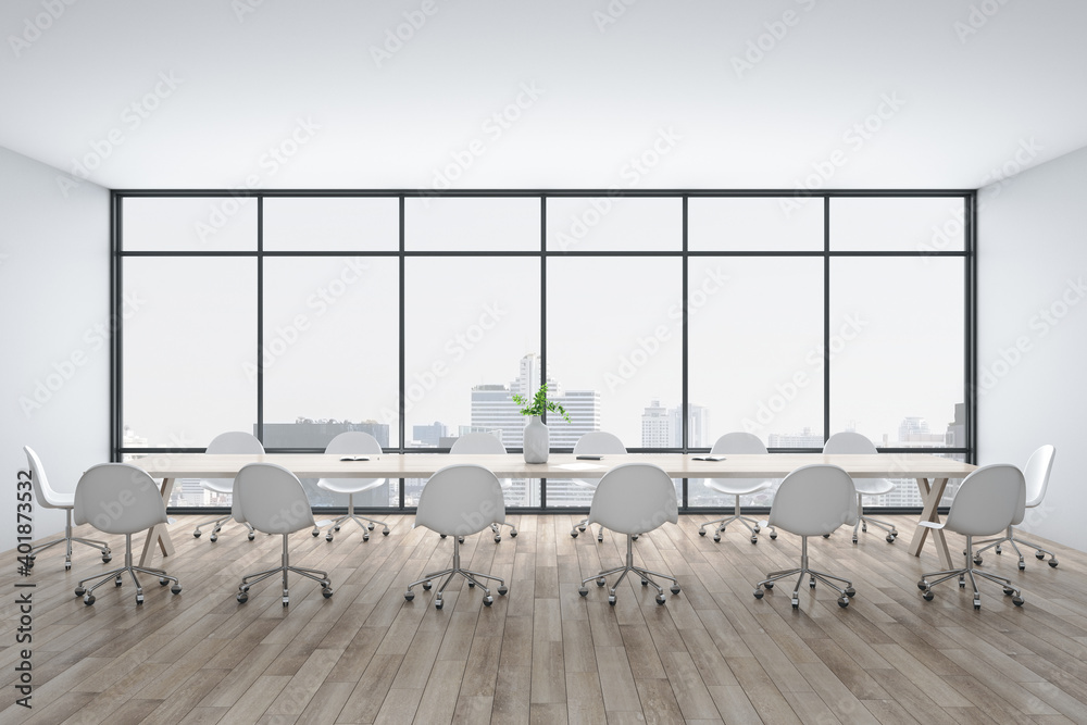 Bright conference interior with megapolis city view