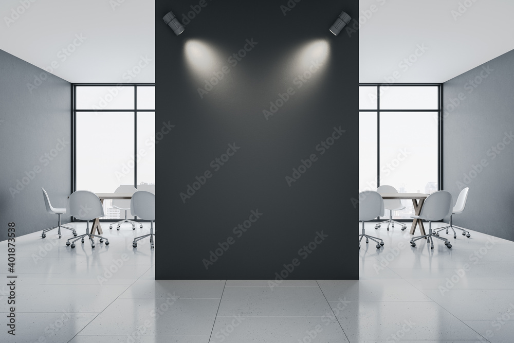 Conference interior with blank black wall.