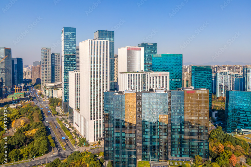 Aerial photography of the skyline of modern urban architectural landscape in Hangzhou, China..