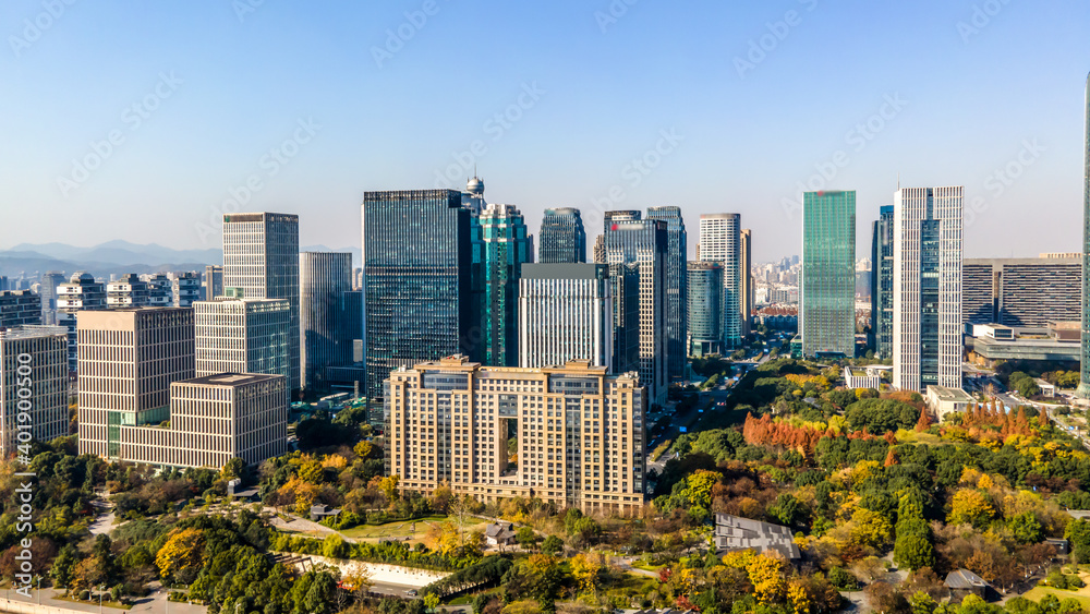 Aerial photography of the skyline of modern urban architectural landscape in Hangzhou, China..