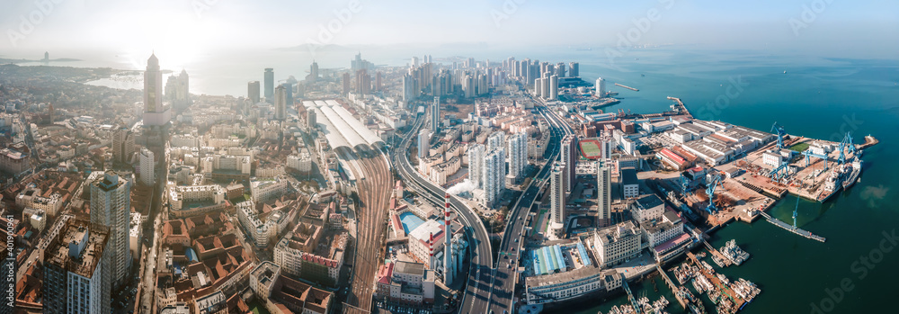 Aerial photography of the skyline of modern urban architectural landscape in Qingdao, China