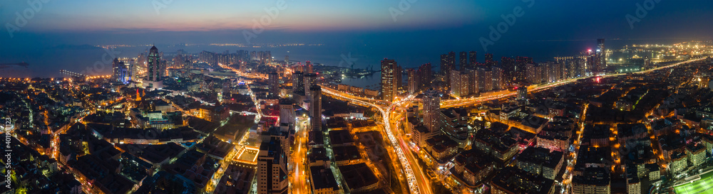 Aerial photography of night view of Qingdao, China..