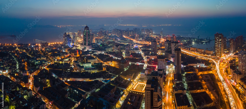 Aerial photography of night view of Qingdao, China..