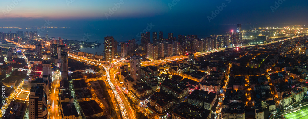 Aerial photography of night view of Qingdao, China..