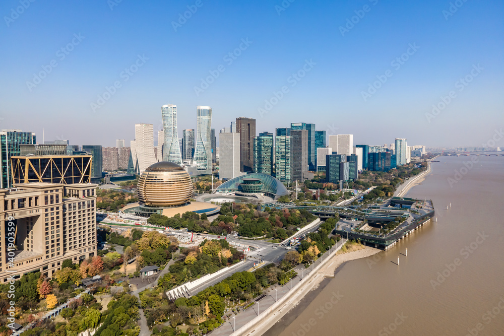 Aerial photography of the skyline of modern urban architectural landscape in Hangzhou, China..