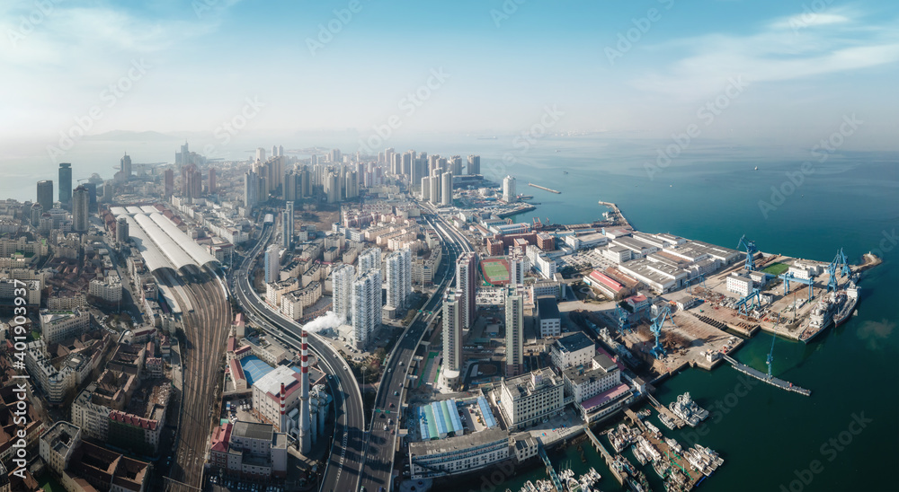 Aerial photography of the skyline of modern urban architectural landscape in Qingdao, China