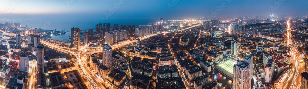 Aerial photography of night view of Qingdao, China..