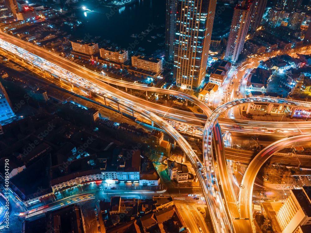 Aerial photograph of urban night scene overpass