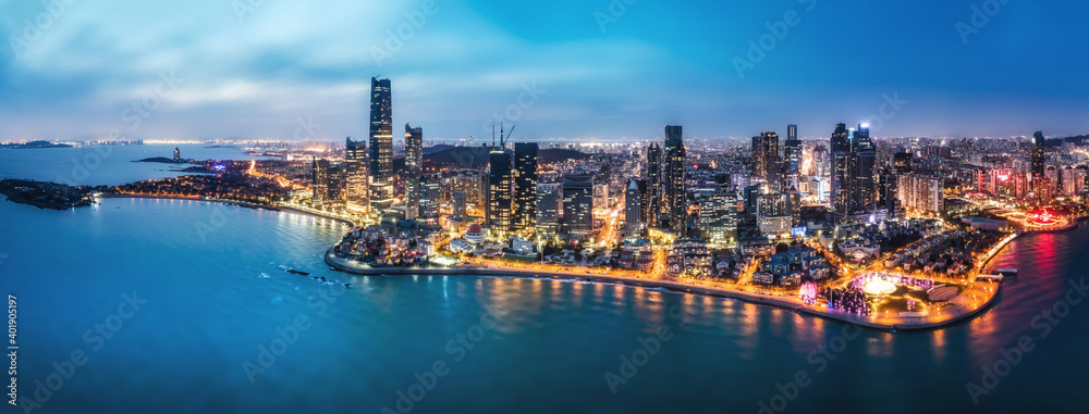 Aerial photography of night view of Qingdao, China..