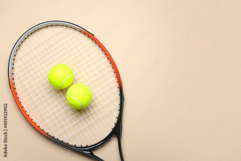 Tennis racket with balls on light background