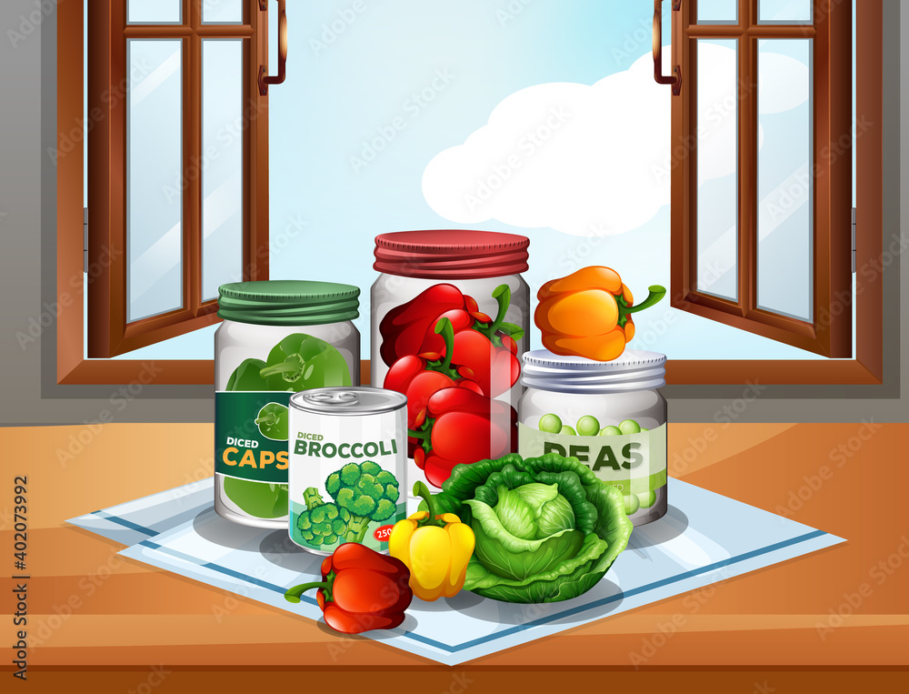 Group of vegetables with vegetable in jars on window background