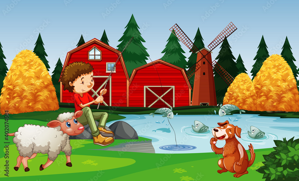 Farm with red barn and windmill scene