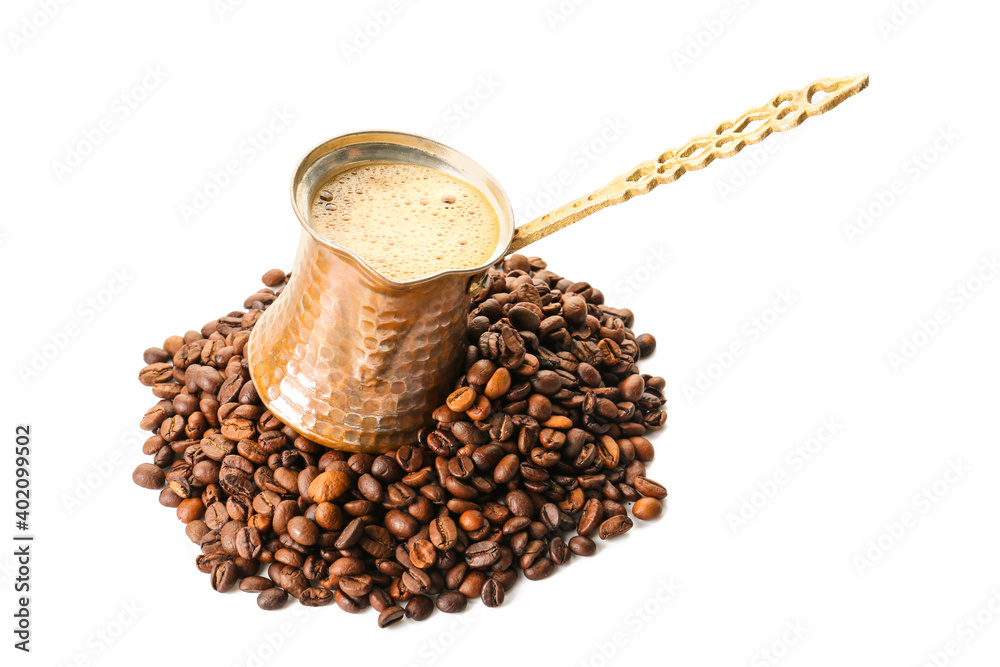 Cezve with coffee on white background