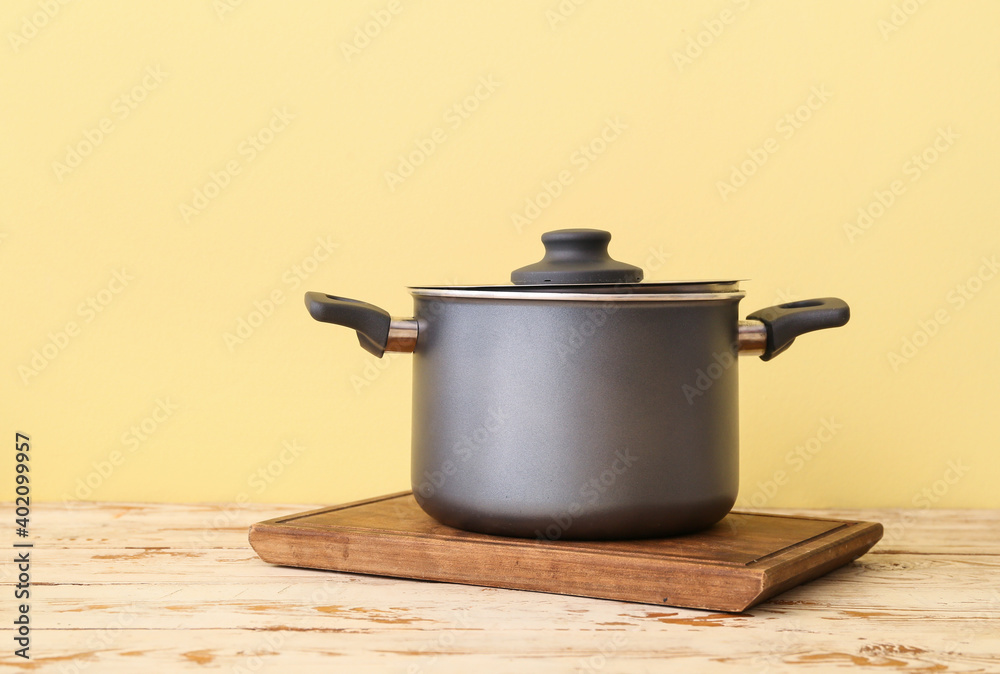 Cooking pot on wooden table