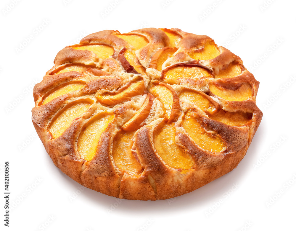 Tasty peach pie on white background