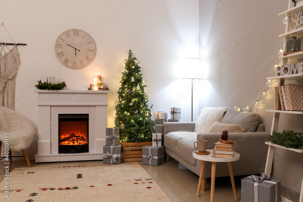 Interior of living room with beautiful Christmas tree