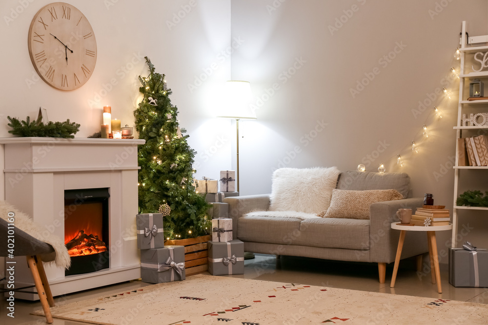 Interior of living room with beautiful Christmas tree