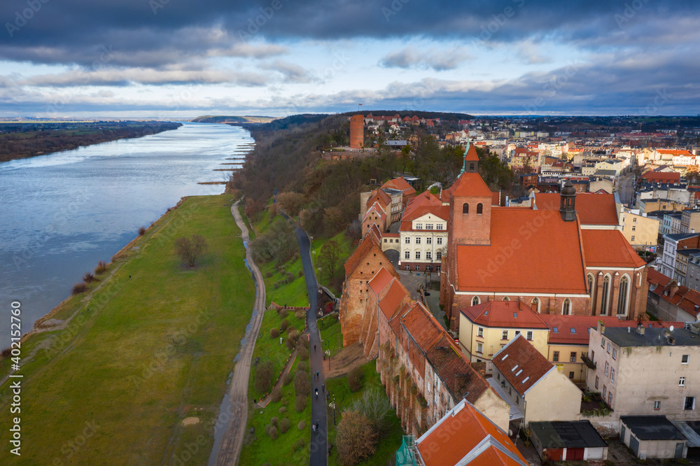 Grudziadz city with amazing granaries over the Vistula River. Poland