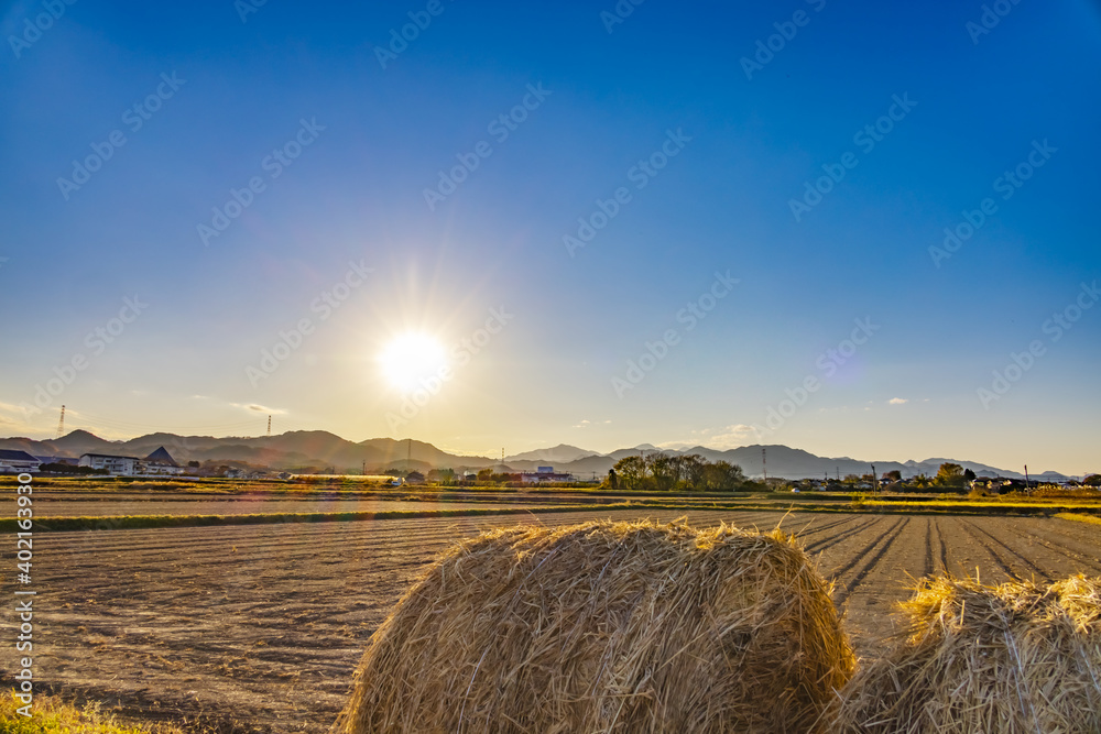 夕暮れの空と山と畑