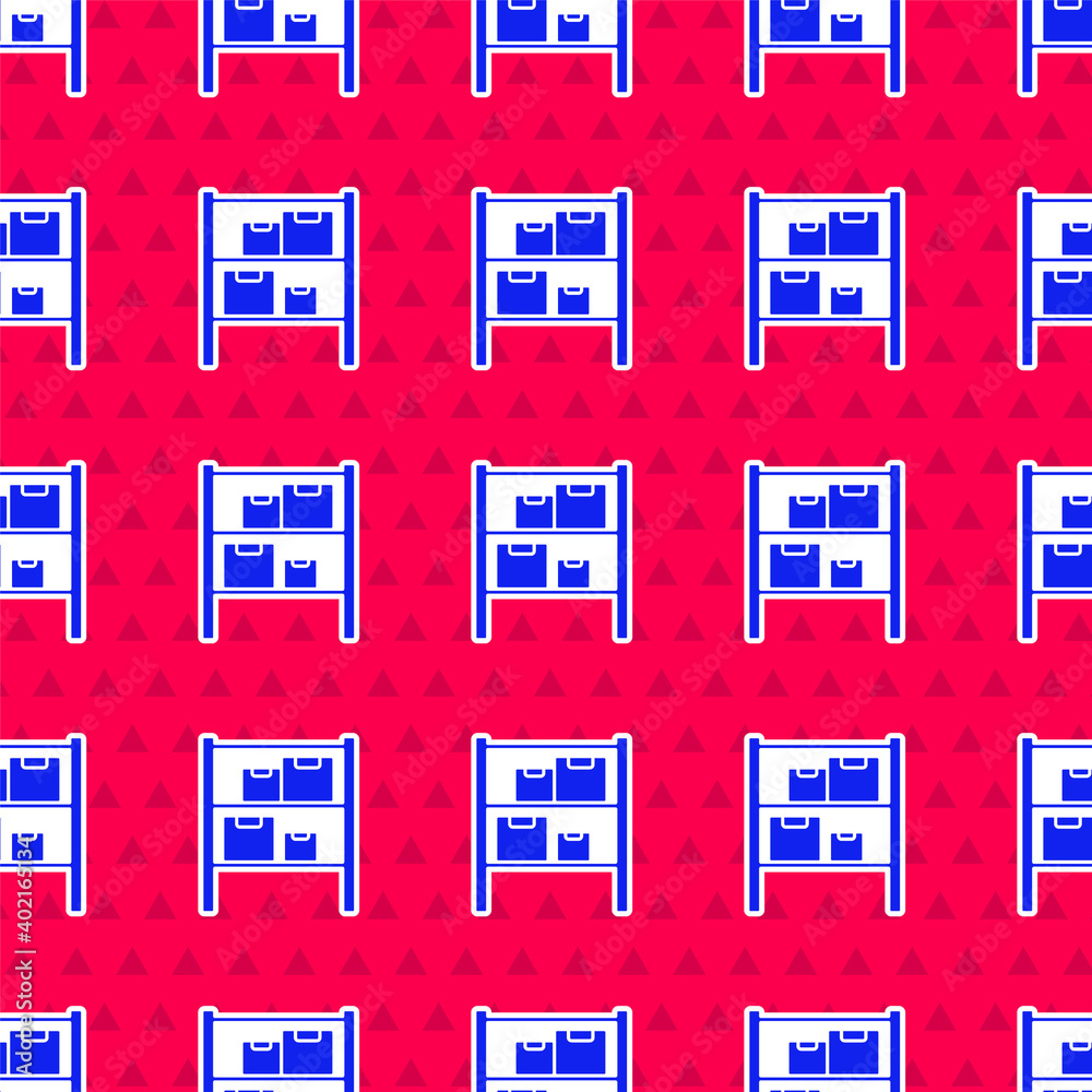 Blue Warehouse icon isolated seamless pattern on red background. Vector Illustration.