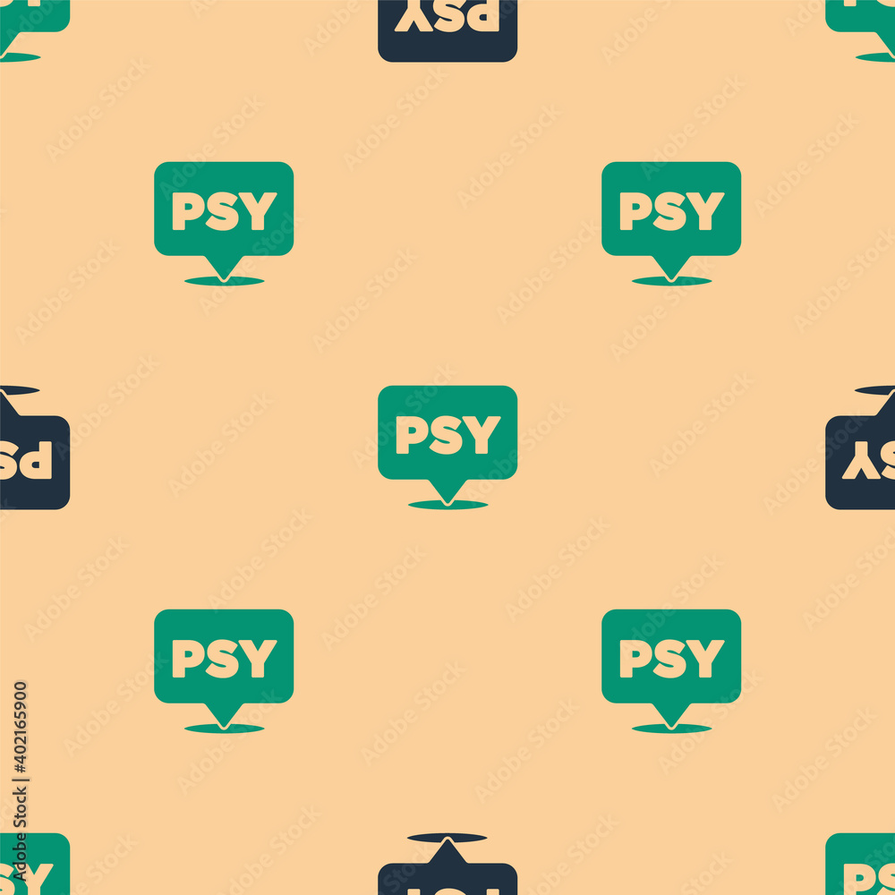 Green and black Psychology icon isolated seamless pattern on beige background. Psi symbol. Mental he