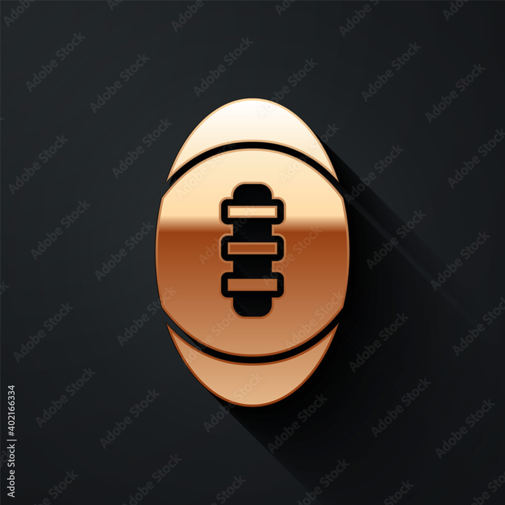 Gold American Football ball icon isolated on black background. Rugby ball icon. Team sport game symb