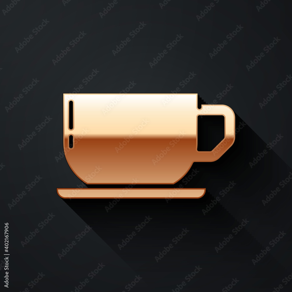 Gold Coffee cup icon isolated on black background. Tea cup. Hot drink coffee. Long shadow style. Vec