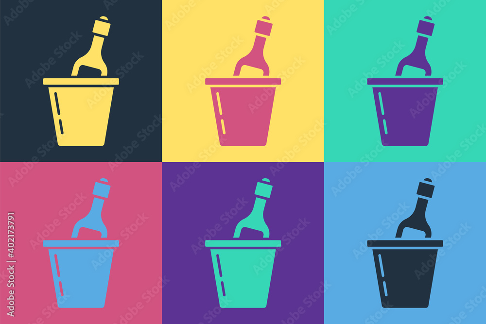 Pop art Bottle of champagne in an ice bucket icon isolated on color background. Vector.