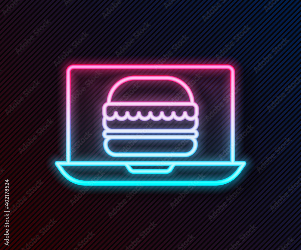 Glowing neon line Online ordering and burger delivery icon isolated on black background. Vector Illu