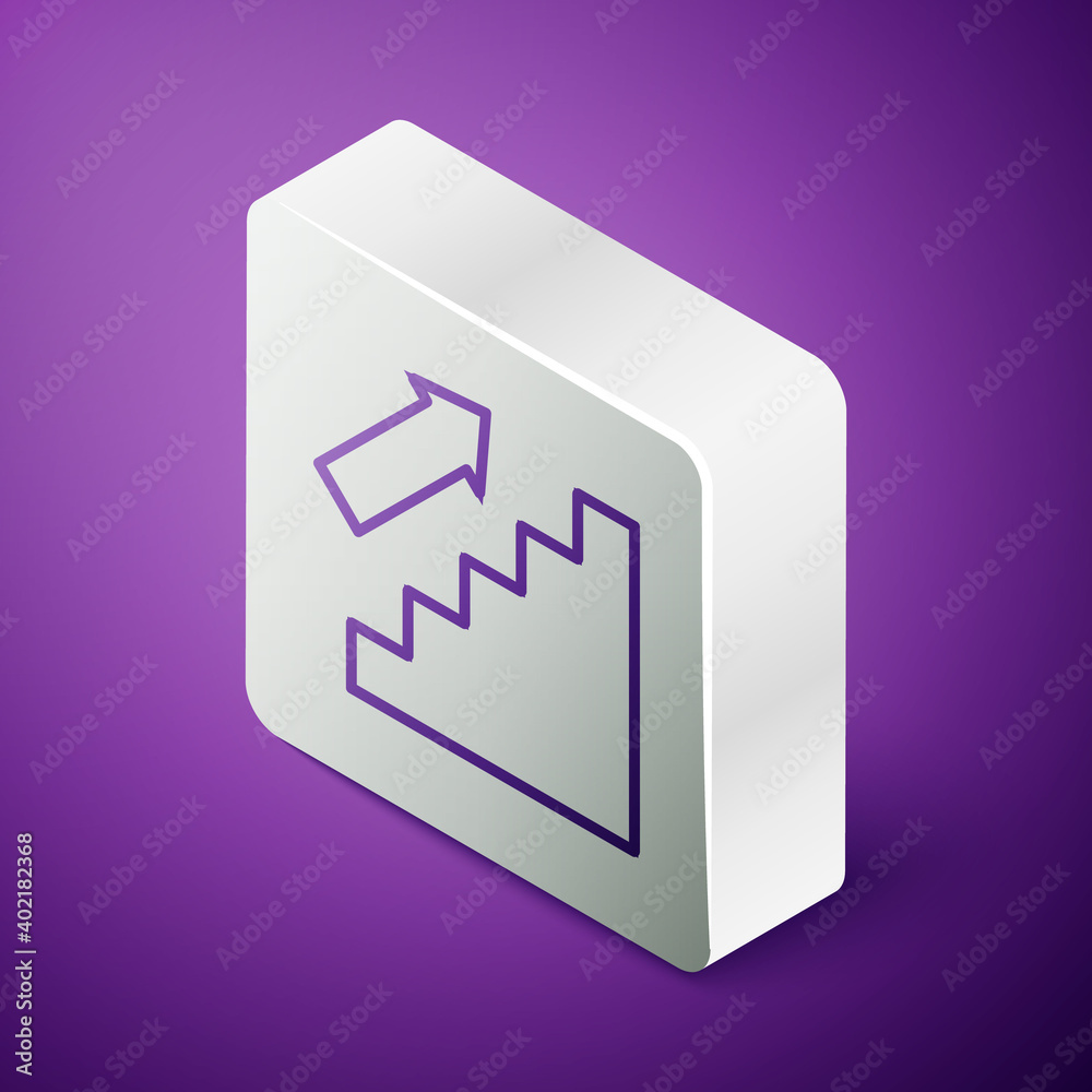 Isometric line Stairs up icon isolated on purple background. Silver square button. Vector.