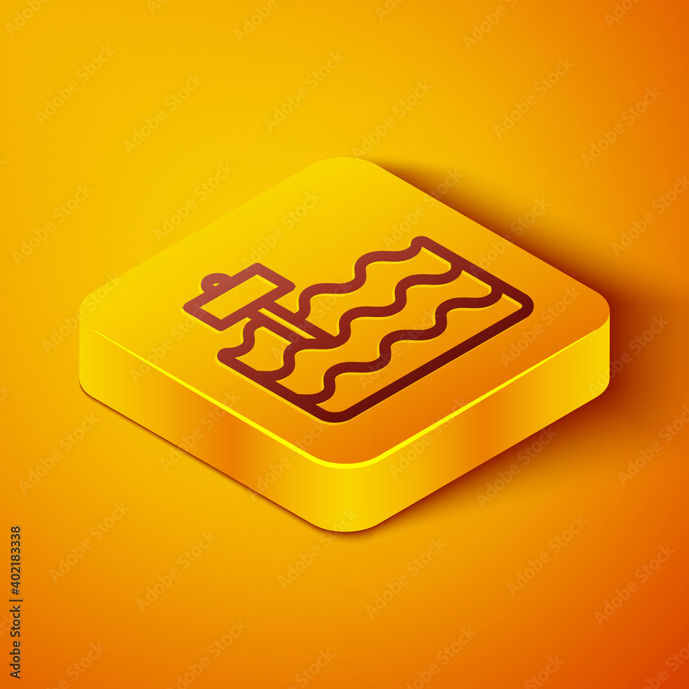 Isometric line Garden bed or cultivation bed icon isolated on orange background. Yellow square butto