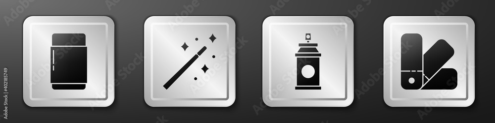 Set Eraser or rubber, Magic wand, Paint spray can and Color palette guide icon. Silver square button