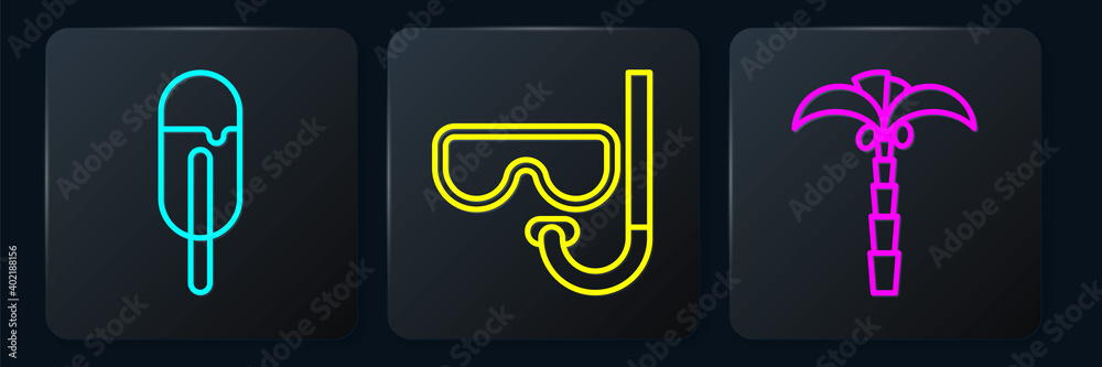 Set line Ice cream, Tropical palm tree and Diving mask and snorkel. Black square button. Vector.