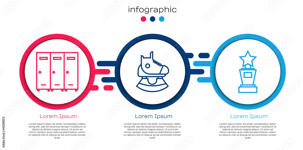 固定储物柜或更衣室，滑板和奖杯。商业信息图模板。矢量。