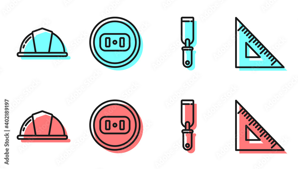 Set line Rasp metal file, Worker safety helmet, Electrical outlet and Triangular ruler icon. Vector.