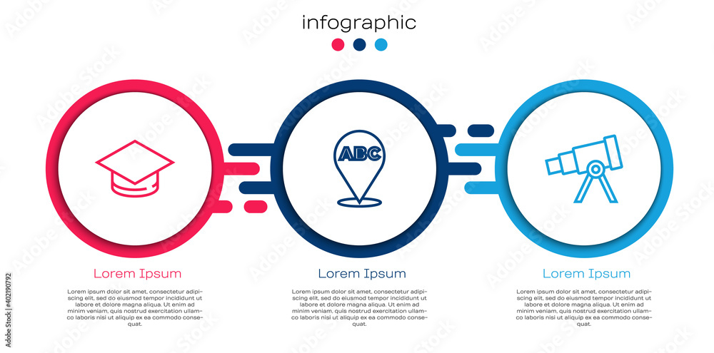 设置行毕业帽、字母表和望远镜。商业信息图模板。矢量。