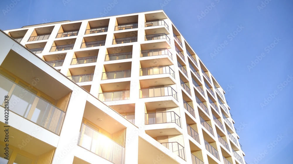 Apartment residential house and home facade architecture and outdoor facilities. Blue sky on the bac