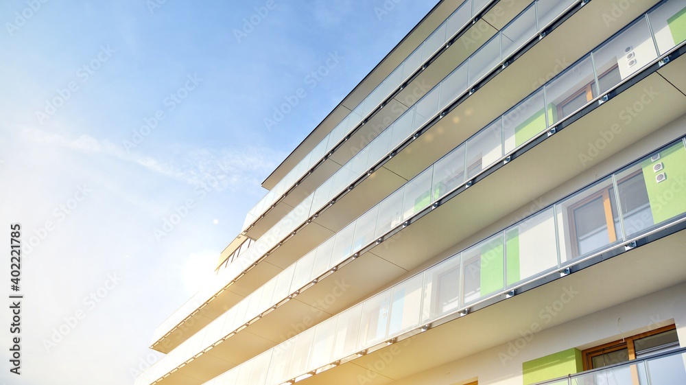 Apartment residential house and home facade architecture and outdoor facilities. Blue sky on the bac