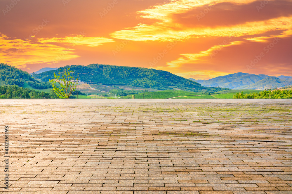 Empty square floor and green mountain background.