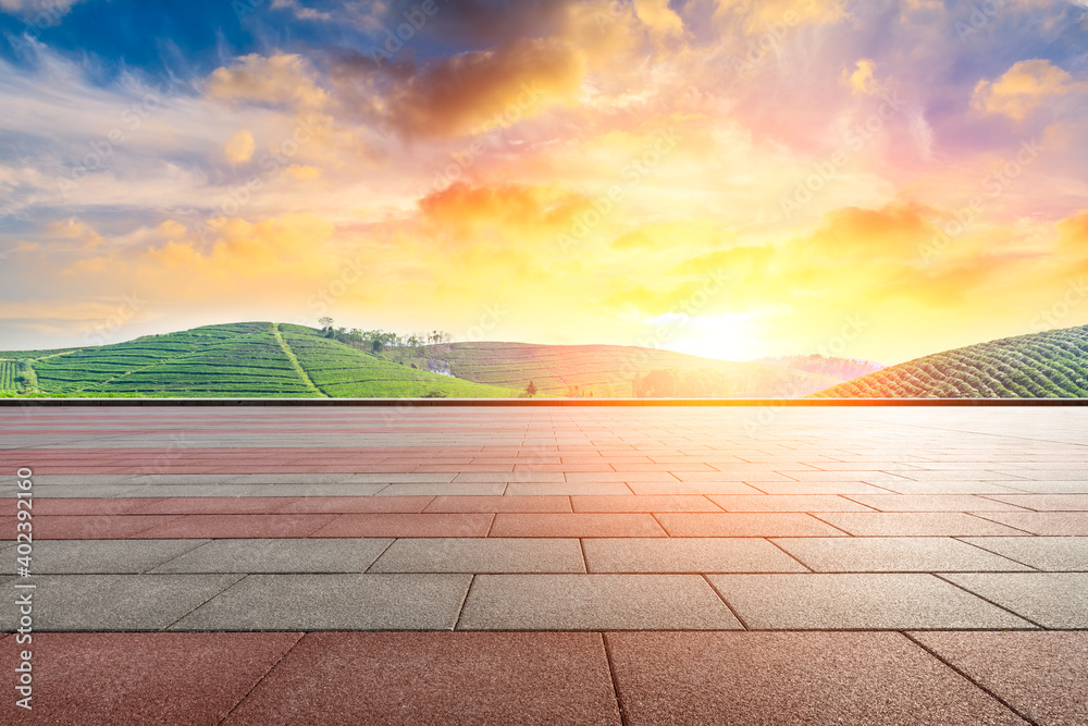 Empty square floor and green mountain background.