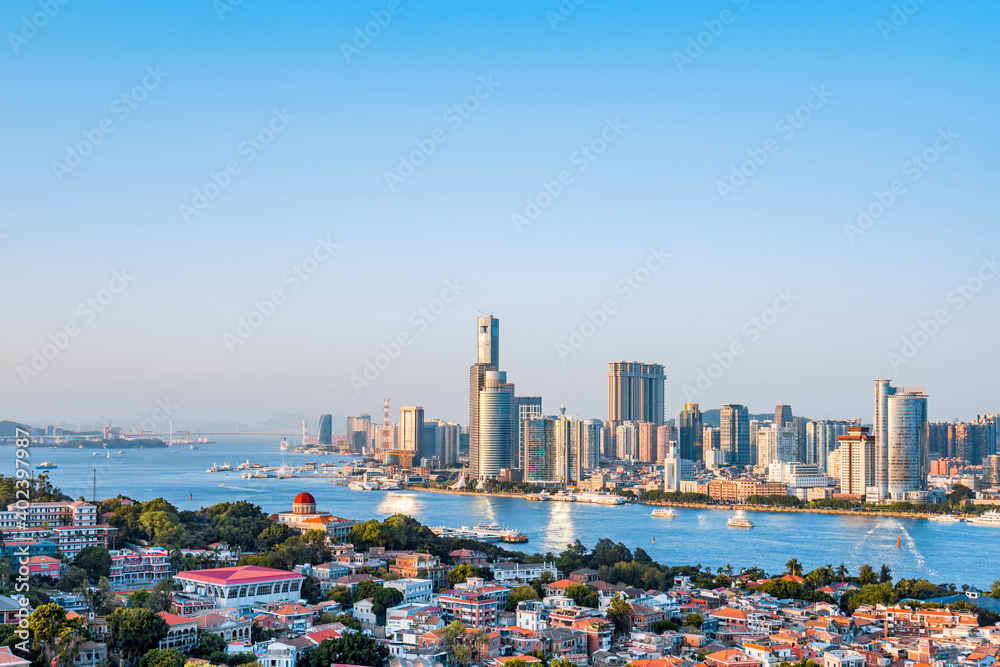 Sunny scenery of twin towers and Gulangyu in Xiamen, Fujian, China