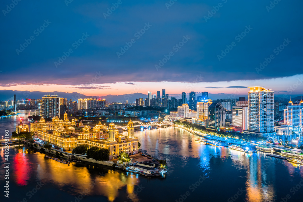 Night view of Zhongzhou Island skyline in Fuzhou, Fujian, China