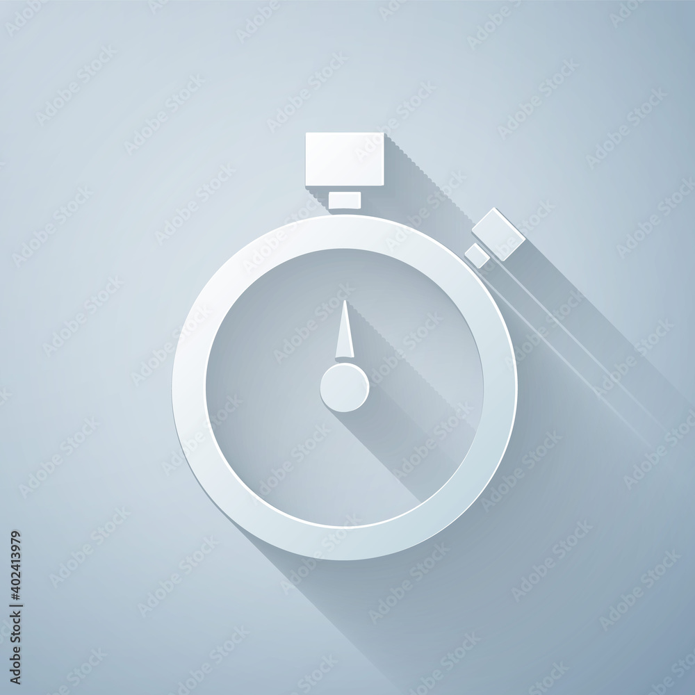 Paper cut Stopwatch icon isolated on grey background. Time timer sign. Chronometer sign. Paper art s