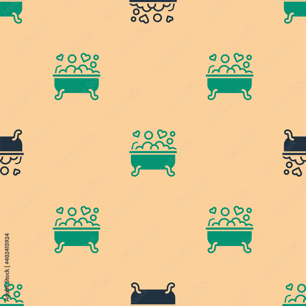 Green and black Romantic in bathroom icon isolated seamless pattern on beige background. Concept rom