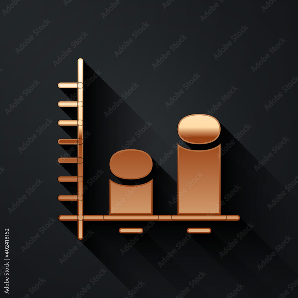 金色数据分析图标隔离在黑色背景上。长阴影样式。矢量。