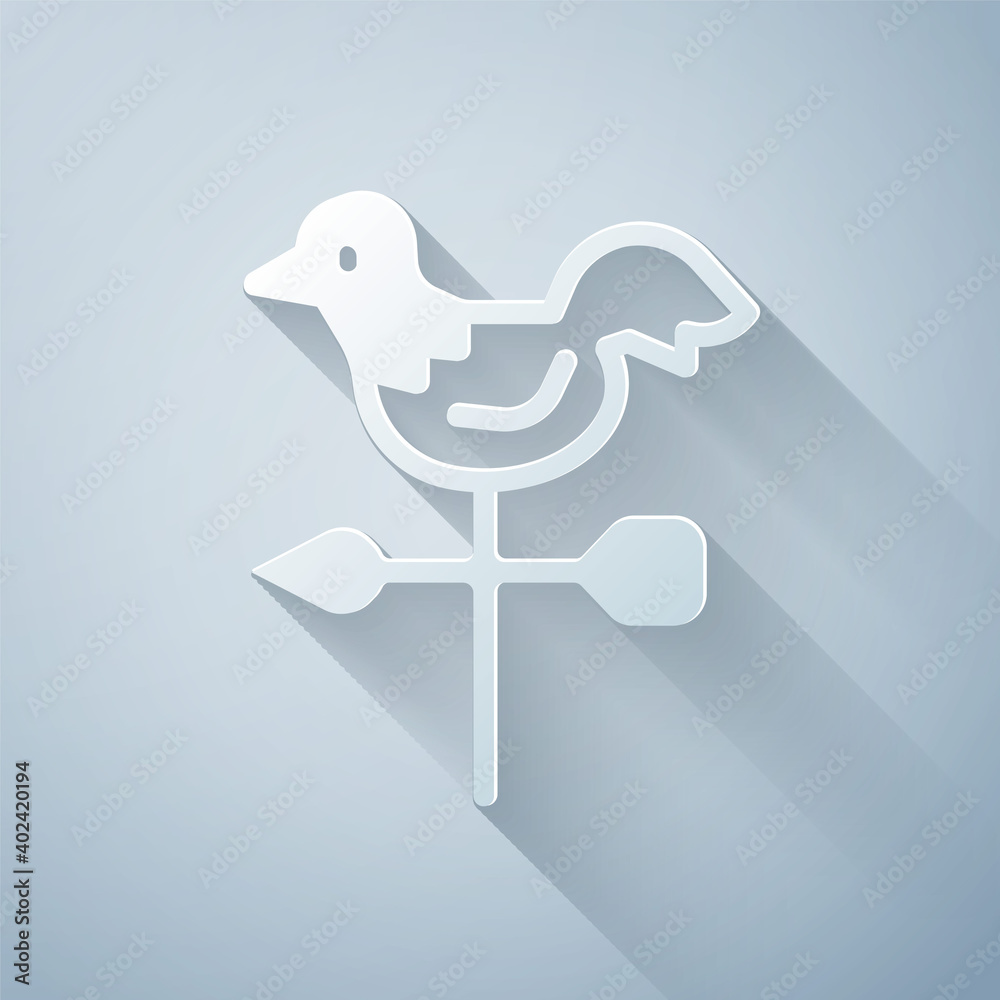 Paper cut Rooster weather vane icon isolated on grey background. Weathercock sign. Windvane rooster.